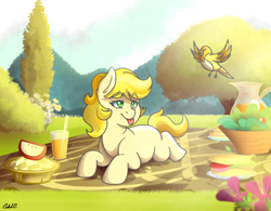 Size: 1920x1500 | Tagged: safe, artist:ciderpunk, derpibooru exclusive, imported from derpibooru, oc, oc only, oc:applesunrise, bird, female, field, filly, flower, food, picnic, tree