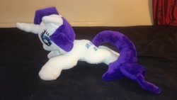Size: 3840x2160 | Tagged: safe, artist:tazimo, imported from derpibooru, rarity, beanie (plushie), irl, photo, plushie, prone, solo