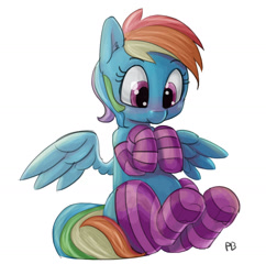 Size: 1280x1324 | Tagged: safe, artist:pabbley, artist:peculiar9, imported from derpibooru, rainbow dash, pegasus, pony, clothes, collaboration, colored, cute, dashabetes, female, looking down, mare, simple background, sitting, socks, solo, spread wings, striped socks, underhoof, white background