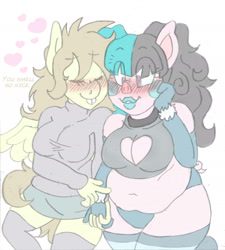 Size: 1681x1867 | Tagged: safe, artist:blackbewhite2k7, imported from derpibooru, featherweight, oc, anthro, pig, bbw, big breasts, blushing, breasts, fat, female, heart, holding hands, lesbian, makeup, pastel goth, poking, rule 63, surprised