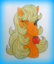 Size: 776x918 | Tagged: safe, artist:applejack-1982, imported from derpibooru, applejack (g1), apple, female, food, g1, solo, traditional art