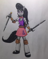 Size: 2050x2535 | Tagged: safe, artist:bozzerkazooers, imported from derpibooru, octavia melody, equestria girls, clothes, dual wield, elbow pads, female, knee pads, mary janes, necktie, ninja, ponied up, skirt, socks, solo, sword, traditional art, weapon