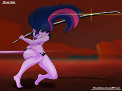 Size: 3744x2800 | Tagged: safe, artist:minusclass, imported from derpibooru, twilight sparkle, equestria girls, barefoot, bikini top, breasts, busty twilight sparkle, clothes, feet, female, front knot midriff, midriff, scar, shorts, solo, stitches, swimsuit, sword, weapon