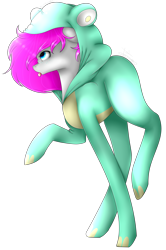 Size: 2373x3572 | Tagged: safe, artist:maximpy, artist:popcornhorns, deleted from derpibooru, imported from derpibooru, oc, oc only, oc:tsnaimi, earth pony, pony, clothes, costume, kigurumi, simple background, solo, tongue out, transparent background