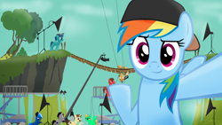 Size: 4464x2512 | Tagged: safe, artist:oinktweetstudios, imported from derpibooru, quibble pants, rainbow dash, oc, earth pony, pegasus, pony, unicorn, stranger than fan fiction, animated actors, backwards ballcap, baseball cap, behind the scenes, bridge, camera, cap, hat, lights, selfie