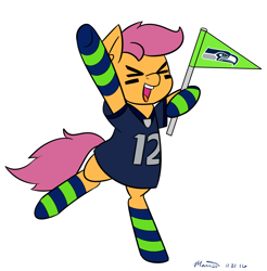 Size: 1280x1300 | Tagged: safe, artist:melodicmarzipan, imported from derpibooru, scootaloo, american football, clothes, female, nfl, seachicken, seattle seahawks, simple background, socks, solo, striped socks, white background