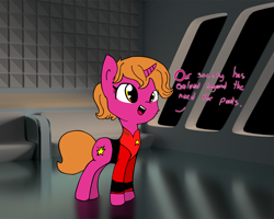 Size: 4162x3336 | Tagged: safe, artist:thepristineeye, artist:tjpones, artist:tjpones edits, color edit, edit, imported from derpibooru, oc, oc only, pony, unicorn, 3d, blender, blender cycles, colored, crossover, cycles, dialogue, redshirt, solo, star trek, star trek: the next generation, ten forward, uss enterprise, uss enterprise d, we don't normally wear clothes