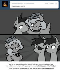 Size: 666x800 | Tagged: safe, artist:egophiliac, imported from derpibooru, princess luna, oc, oc:frolicsome meadowlark, oc:sunshine smiles (egophiliac), bat pony, pony, moonstuck, cartographer's nursing cap, eyepatch, filly, grayscale, hat, monochrome, woona, woonoggles, younger