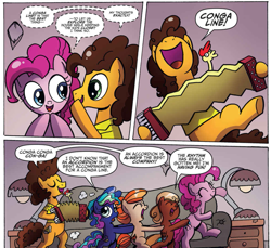 Size: 1015x928 | Tagged: safe, artist:agnesgarbowska, idw, imported from derpibooru, aurora muffin, cheese sandwich, java bolt, pinkie pie, pumpkin twizzle, earth pony, pegasus, pony, spoiler:comic, spoiler:comicff34, accordion, butt touch, conga, hoof on butt, musical instrument, nose in the air