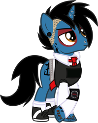 Size: 805x1010 | Tagged: safe, artist:lightningbolt, derpibooru exclusive, imported from derpibooru, pony, unicorn, .svg available, armband, belt, clothes, crossed hooves, ear piercing, earring, emo, eyeshadow, frank iero, horn piercing, indifferent, jewelry, lip piercing, makeup, male, messy hair, my chemical romance, necktie, nose piercing, piercing, ponified, raised hoof, shaved, shirt, shoes, show accurate, simple background, sneakers, socks, solo, stallion, svg, tattoo, three cheers for sweet revenge, transparent background, undercut, undershirt, vector, vest