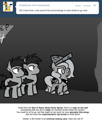 Size: 666x800 | Tagged: safe, artist:egophiliac, imported from derpibooru, princess luna, oc, oc:frolicsome meadowlark, oc:sunshine smiles (egophiliac), bat pony, pony, moonstuck, cartographer's cap, eyepatch, filly, grayscale, hat, monochrome, woona, younger