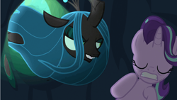 Size: 903x508 | Tagged: safe, imported from derpibooru, screencap, queen chrysalis, starlight glimmer, changeling, changeling queen, pony, unicorn, to where and back again, eyes closed, female