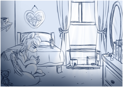 Size: 7016x4961 | Tagged: safe, artist:elskafox, imported from derpibooru, oc, oc only, oc:deirdre, mouse, absurd resolution, bed, bedroom, plushie, reading, sketch