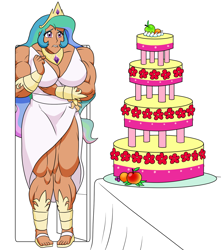 Size: 1610x1825 | Tagged: safe, artist:advanceddefense, imported from derpibooru, princess celestia, human, amazon, big breasts, breasts, busty princess celestia, cake, cakelestia, clothes, female, food, huge breasts, humanized, lip bite, marzipan mascarpone meringue madness, muscles, princess musclestia, solo, stuck