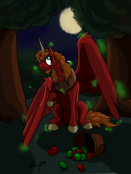 Size: 1800x2400 | Tagged: safe, artist:witkacy1994, imported from derpibooru, big macintosh, alicorn, pony, alicornified, apple, bigmacicorn, bucket, food, magic, male, night, princess big mac, race swap, solo, stallion