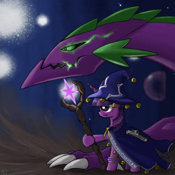 Size: 2048x2048 | Tagged: safe, artist:qzygugu, imported from derpibooru, part of a set, spike, twilight sparkle, dragon, cape, clothes, epic, hat, hoof hold, looking up, mage, older, older spike, profile, staff, wizard hat