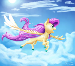 Size: 1600x1396 | Tagged: safe, artist:toonebs, imported from derpibooru, fluttershy, cloud, colored hooves, female, flying, looking away, open mouth, sky, smiling, solo, spread wings