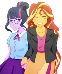 Size: 1077x1280 | Tagged: safe, artist:finm, imported from derpibooru, sci-twi, sunset shimmer, twilight sparkle, equestria girls, blushing, eyes closed, female, holding hands, lesbian, scitwishimmer, shipping, simple background, sunsetsparkle