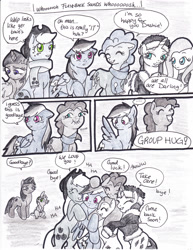 Size: 2552x3300 | Tagged: safe, artist:tristanjsolarez, imported from derpibooru, applejack, fluttershy, pinkie pie, rainbow dash, rarity, spike, twilight sparkle, dragon, earth pony, pegasus, pony, unicorn, comic:trans ponies, clothes, comic, crying, female, flashback, gray background, mane seven, mane six, mare, scarf, simple background, traditional art, unicorn twilight