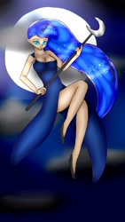 Size: 2322x4128 | Tagged: safe, artist:crazysurprise, imported from derpibooru, princess luna, human, breasts, cleavage, clothes, dress, female, horned humanization, humanized, moon, side slit, solo