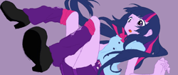 Size: 1200x502 | Tagged: safe, artist:bakahimi, imported from derpibooru, twilight sparkle, equestria girls, baka, clothes, cute, drop pop candy, female, high heels, kawaii desu-chan, leg warmers, pleated skirt, purple background, schrödinger's pantsu, shoes, simple background, skirt, solo, strategically covered, trace, upskirt, vocaloid