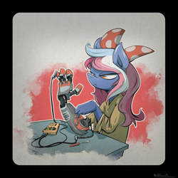 Size: 1835x1835 | Tagged: safe, artist:ratcha, imported from derpibooru, oc, oc only, anthro, cyborg, amputee, anthro oc, augmented, bionic arm, prosthetic limb, prosthetics, simple background, solo