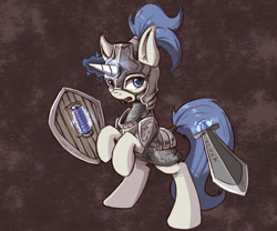 Size: 600x500 | Tagged: safe, artist:l8lhh8086, imported from derpibooru, oc, oc only, pony, unicorn, armor, female, levitation, magic, mare, rearing, shield, solo, sword, telekinesis, weapon
