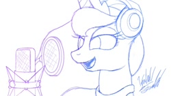 Size: 1000x563 | Tagged: safe, artist:fuzon-s, imported from derpibooru, princess luna, alicorn, pony, artflow, bust, female, gradient lineart, headphones, microphone, monochrome, pop filter, singing, sketch, solo