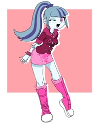 Size: 722x900 | Tagged: dead source, safe, artist:semi-kon, imported from derpibooru, sonata dusk, equestria girls, abstract background, boots, clothes, cute, female, jewelry, necklace, one eye closed, ponytail, skirt, socks, solo, sonatabetes, wink