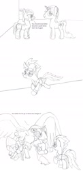 Size: 1206x2463 | Tagged: safe, artist:dsb71013, imported from derpibooru, zig zag, oc, oc:brisk iron, oc:snowy skies, griffon, pegasus, pony, unicorn, zebra, comic, monochrome