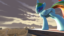 Size: 1920x1080 | Tagged: safe, artist:natarstudios, imported from derpibooru, rainbow dash, 3d, female, ledge, looking away, solo, sunrise