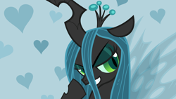 Size: 1920x1080 | Tagged: safe, artist:adcoon, imported from derpibooru, queen chrysalis, changeling, changeling queen, female, heart, lidded eyes, show accurate, solo, vector, wallpaper