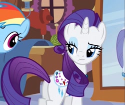 Size: 739x618 | Tagged: safe, imported from derpibooru, screencap, rainbow dash, rarity, pony, just for sidekicks, butt, cropped, female, mare, plot, raised eyebrow, saddle, tack