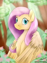 Size: 3000x4000 | Tagged: safe, artist:xeirla, imported from derpibooru, fluttershy, chest fluff, crepuscular rays, female, forest, solo