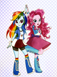 Size: 1600x2179 | Tagged: safe, artist:salenta, imported from derpibooru, pinkie pie, rainbow dash, equestria girls, high five, traditional art