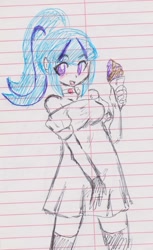 Size: 1252x2046 | Tagged: safe, artist:elgatosabio, imported from derpibooru, sonata dusk, equestria girls, blushing, clothes, dress, female, food, ice cream, lined paper, off shoulder, socks, solo, thigh highs, traditional art