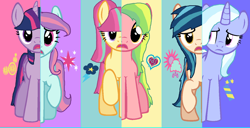 Size: 1412x723 | Tagged: safe, artist:diana173076, imported from derpibooru, indigo zap, lemon zest, sci-twi, sour sweet, sugarcoat, sunny flare, twilight sparkle, pony, equestria girls, alternate hairstyle, crystal prep shadowbolts, equestria girls ponified, ponified, shadow six, swapped cutie marks, what my cutie mark is telling me