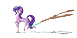 Size: 4000x2000 | Tagged: safe, artist:skitsniga, artist:skitsroom, imported from derpibooru, starlight glimmer, pony, female, glowing horn, hoers, magic, s5 starlight, simple background, solo, staff, staff of sameness, telekinesis, transparent background