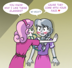 Size: 400x379 | Tagged: safe, artist:crydius, imported from derpibooru, silver spoon, sweetie belle, equestria girls, blouse, blushing, bracelet, braid, clothes, dress, duo, female, flirting, glasses, jewelry, kabedon, lesbian, mouth hold, necklace, pick up line, shipping, silverbelle, skirt, smooth as fuck