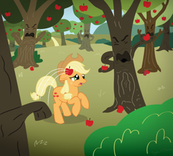 Size: 1000x902 | Tagged: safe, artist:icaron, imported from derpibooru, applejack, earth pony, pony, angry, animate object, apple, apple orchard, apple tree, food, lol, meme, orchard, rage face, rebellion, show accurate, sweet apple acres, the wizard of oz, throwing, tree