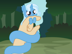 Size: 2982x2237 | Tagged: safe, artist:badumsquish, derpibooru exclusive, imported from derpibooru, trixie, human, hybrid, lamia, monster pony, original species, pony, unicorn, baby, baby pony, baby trixie, badumsquish is trying to murder us, biting, coils, cute, diatrixes, female, finger bite, forest, friendly, hand, holding a pony, hoof hold, hug, in goliath's palm, lamiafied, looking at you, love bite, nibbling, nom, offscreen character, pov, slime, smiling, species swap, story included, tiny, tiny ponies, trixiechidna