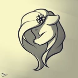 Size: 600x600 | Tagged: safe, artist:freeedon, imported from derpibooru, fluttershy, bust, eyes closed, female, floppy ears, flower, flower in hair, monochrome, portrait, profile, solo