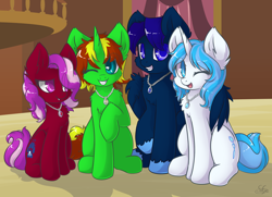 Size: 2484x1800 | Tagged: safe, artist:sapphfyr, imported from derpibooru, oc, oc only, oc:crystal, oc:midnight, oc:vlyka, oc:winter, pony, jewelry, necklace, raised hoof