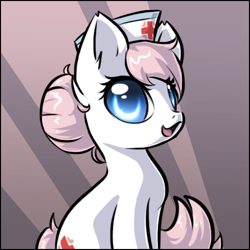 Size: 489x489 | Tagged: safe, artist:sapphfyr, imported from derpibooru, nurse redheart, earth pony, pony, cute, female, hair bun, hat, heartabetes, looking at you, mare, nurse hat, open mouth, simple background, sitting, solo