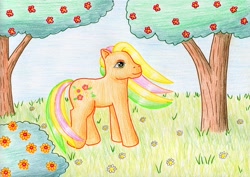 Size: 1024x724 | Tagged: safe, artist:normaleeinsane, imported from derpibooru, female, flower, g3, grass, solo, spring parade, traditional art, tree