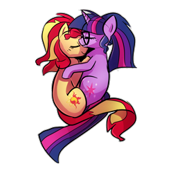 Size: 1200x1200 | Tagged: safe, artist:little-tweenframes, deleted from derpibooru, imported from derpibooru, sci-twi, sunset shimmer, twilight sparkle, pony, series:sciset diary, equestria girls, cuddling, cute, equestria girls ponified, female, lesbian, ponified, scitwishimmer, shimmerbetes, shipping, snuggling, sunsetsparkle