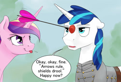 Size: 1280x866 | Tagged: safe, artist:silfoe, imported from derpibooru, princess cadance, shining armor, :p, arrow, clothes, cute, cutedance, dialogue, floppy ears, frown, glare, lidded eyes, male, onomatopoeia, open mouth, raspberry, raspberry noise, shining armor is not amused, shiningcadance, shipping, smirk, straight, suction cup, tongue out, unamused, uniform, younger