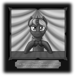 Size: 2860x2927 | Tagged: safe, artist:skorpionletun, imported from derpibooru, oc, oc only, oc:spell nexus, fanfic:past sins, chapter image, fanfic, fanfic art, gendo pose, hooves together, picture frame, russian, solo