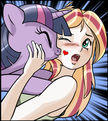 Size: 1291x1455 | Tagged: safe, artist:pencils, imported from derpibooru, twilight sparkle, oc, oc:mascara maroon, pony, comic:anon's pie adventure, cheek kiss, cropped, cute, eyes closed, female, heart, kissing, lesbian, non-consensual smoochies