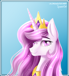 Size: 1024x1122 | Tagged: safe, artist:sparklyon3, imported from derpibooru, princess celestia, alicorn, pony, princess molestia, bust, female, gradient background, grin, mare, portrait, rcf community, smiling, solo